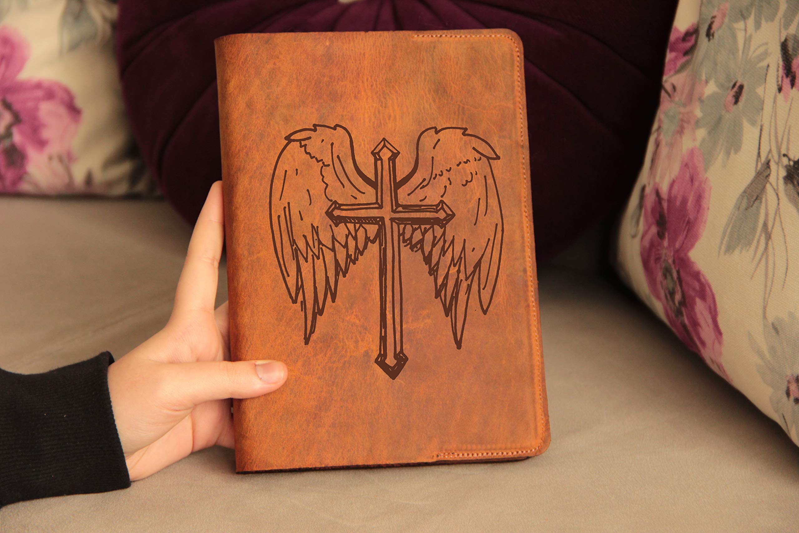 Custom Engraved Genuine Leather Bible Cover - Personalized Text & Quote, Secure Closure Strap, Includes Jotter & Scribble Pad - Perfect for Church, Bible Study, Music Journaling & Gift Giving