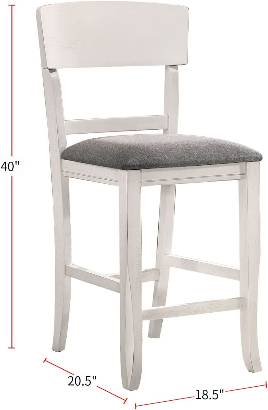 Modern Counter Height Dining Chairs Set of 2 - White Solid Wood with Gray Padded Fabric Seat - Perfect for Kitchen Islands, Breakfast Nooks & Small Space Dining Areas