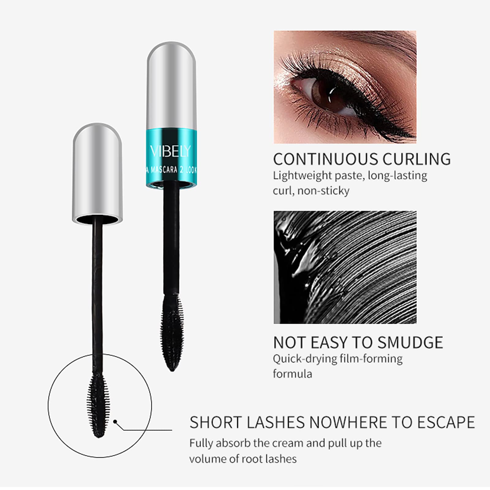 Vibely 5X Longer Waterproof Mascara - 2-in-1 Lengthening & Thickening Black Mascara with 4D Silk Fiber for Natural Lashes | No Clumping, Washable Formula | Perfect for Daily Wear, Special Occasions & Photography