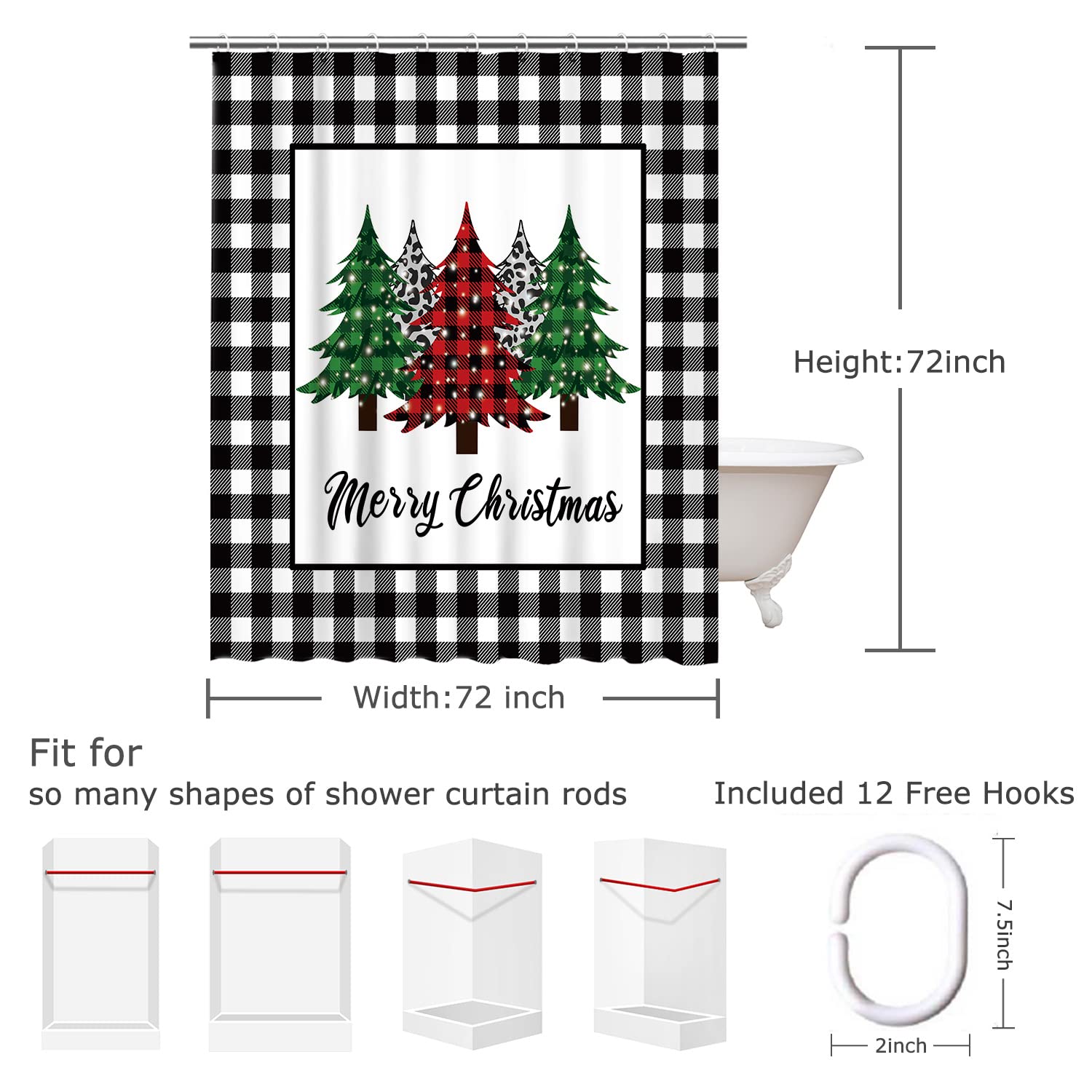 LIVILAN Christmas Tree Shower Curtain Set - Waterproof Holiday Bathroom Decor with Merry Xmas Design, 72x72 Inches - Perfect for Festive Bathroom Decorations & Christmas Home Party Decor
