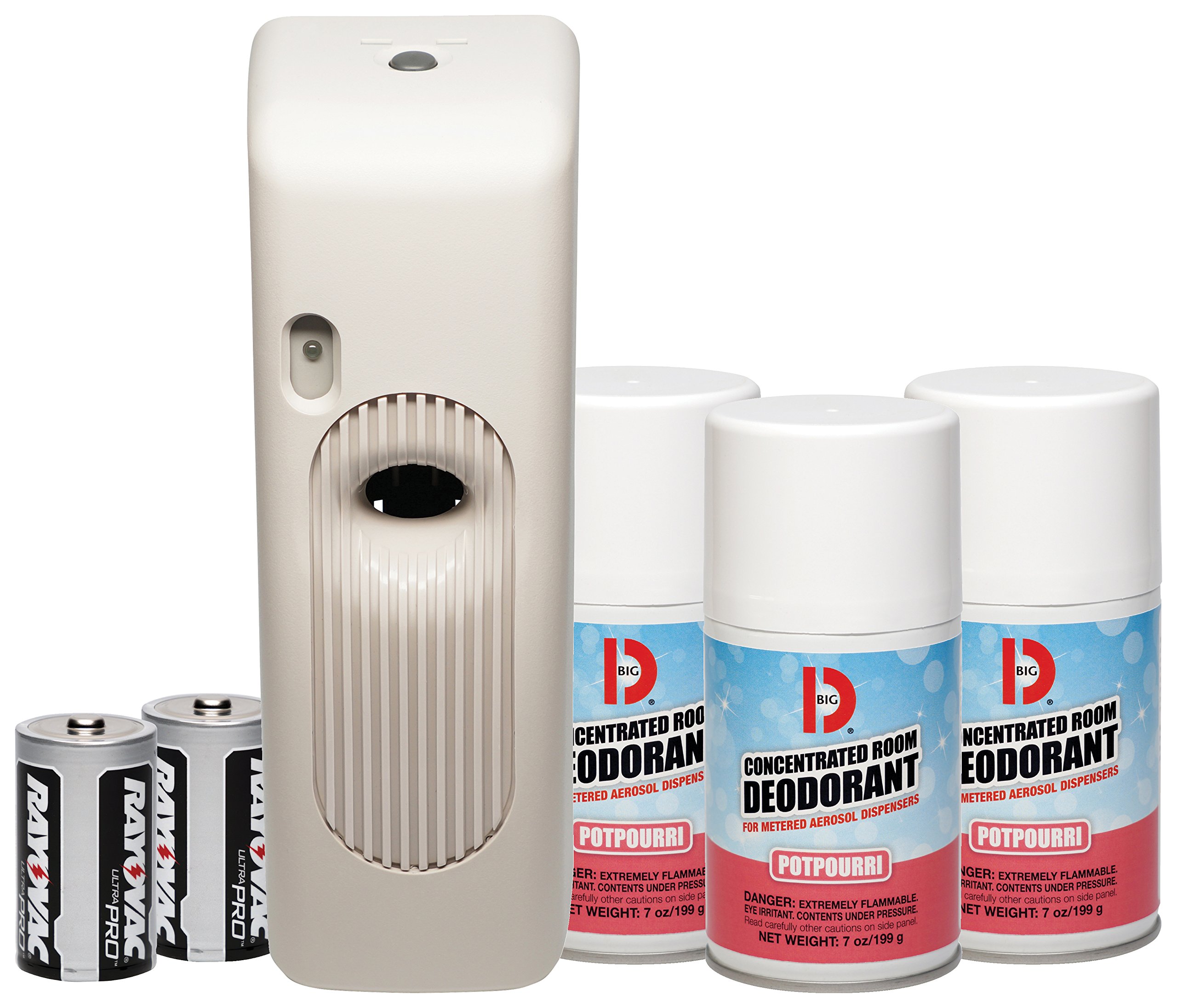 Big D 862 Metered Aerosol Starter Kit - Potpourri Scented Air Freshener with Dispenser, 2 Batteries & 3 Refill Cans | Perfect for Restrooms, Offices, Schools, Restaurants, Hotels & Retail Stores | Eliminates Odors & Freshens Air Instantly