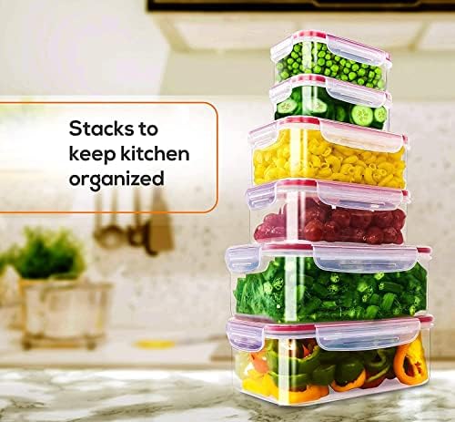 KICHLY 24-Piece BPA-Free Plastic Food Storage Container Set with Airtight Lids - Leakproof Meal Prep Containers for Freezer, Fridge & Lunch Storage - Durable Reusable Kitchen Organizers (Red) - Perfect for Meal Prepping, Leftovers & Office Lunch