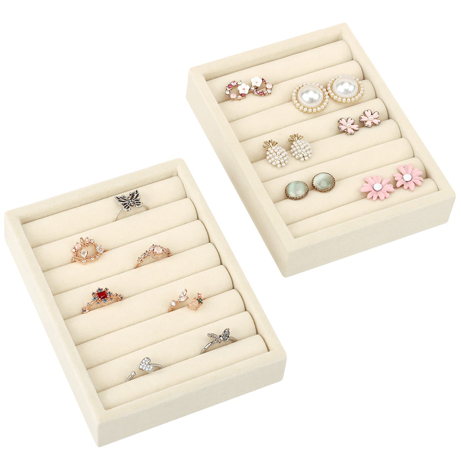 2-Piece Premium Velvet Jewelry Tray Organizer - Ring & Earring Display Holder with 8 Slots for Jewelry Box, Drawer, Dresser (Beige) | Perfect for Travel, Wedding Accessories & Vanity Organization