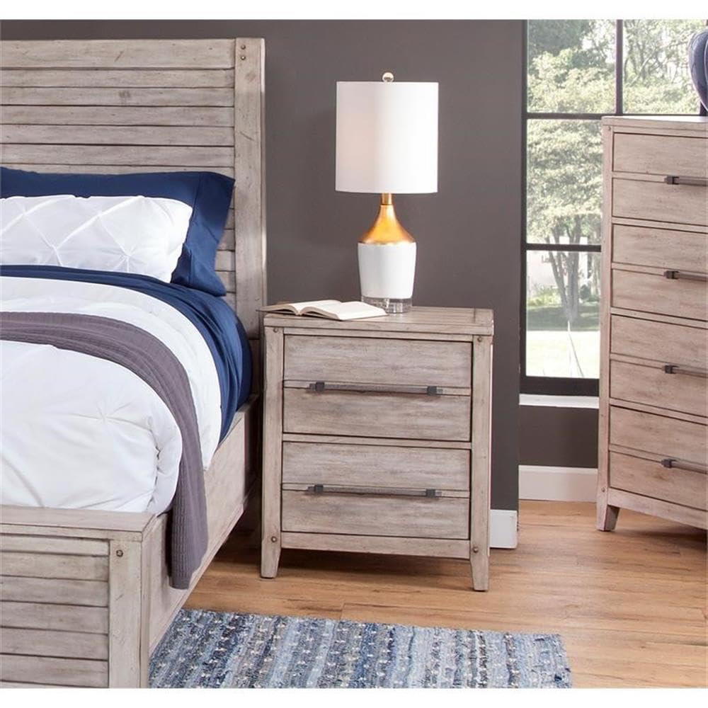 Aurora White-Washed Wood Two Drawer Nightstand - Rustic Bedside Table with Storage for Bedroom, Living Room & Office - American Woodcrafters Solid Wood Furniture