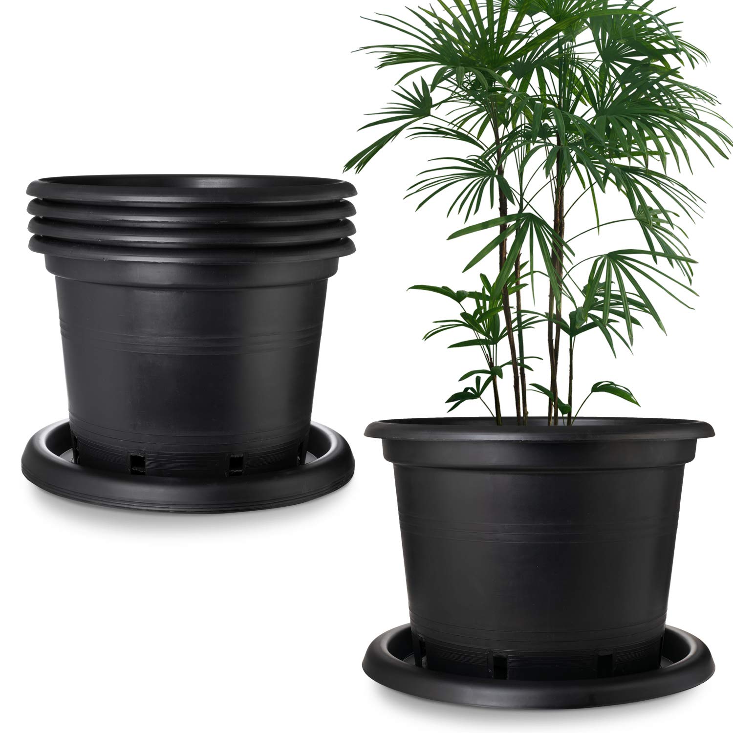 5-Pack Black 12 Gallon Plastic Plant Pots with Saucers - Heavy Duty Nursery Pots with Drainage Holes for Indoor/Outdoor Plants - Perfect for Houseplants, Flowers, Vegetables & Herb Gardening