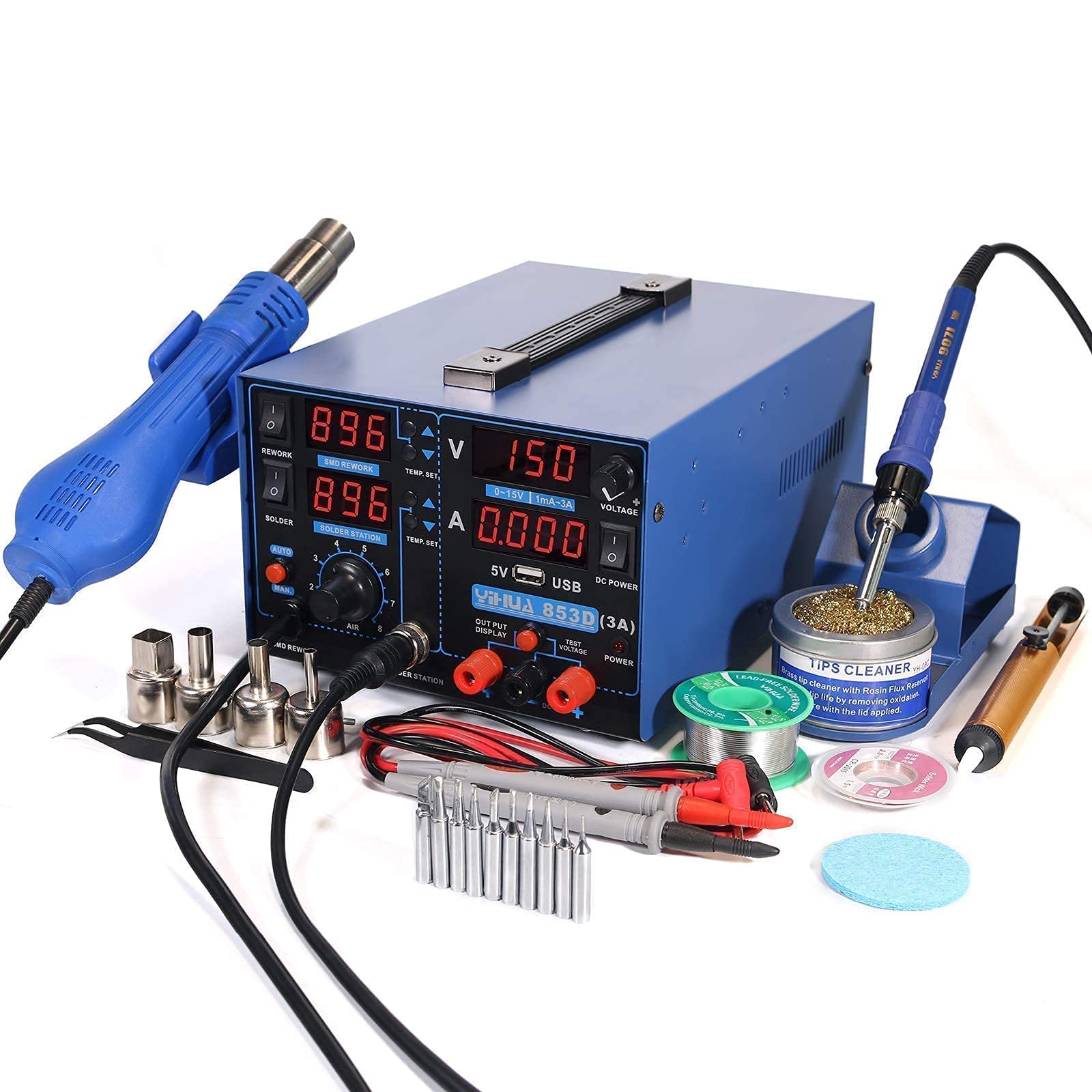 YIHUA 853D 3A USB Professional Soldering Station with Hot Air Rework, Power Supply & 28-Piece Accessories Kit - Includes #2300 Nozzles, Iron Holder & Cleaning Tools for Electronics Repair, DIY Projects & PCB Work