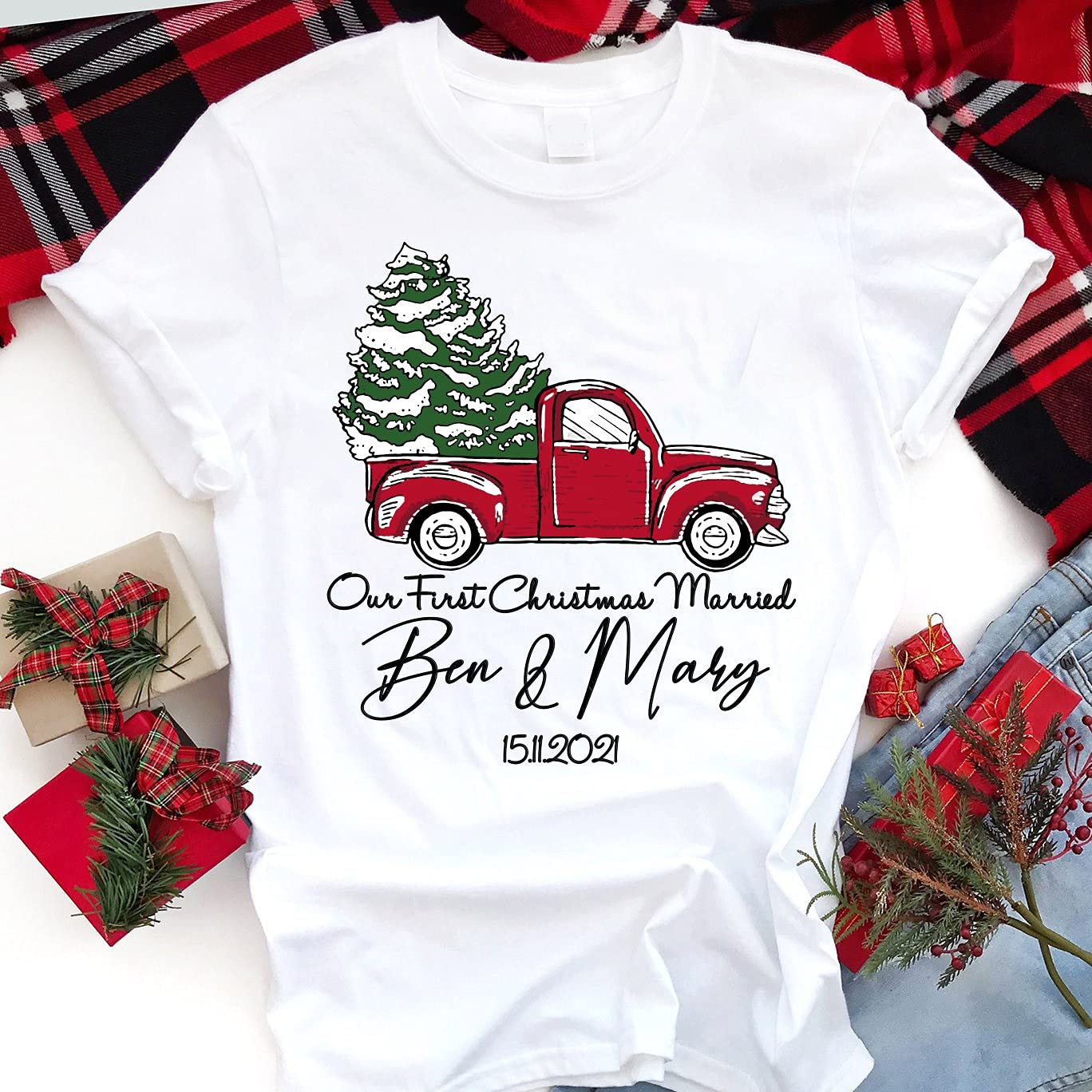 Personalized First Christmas Married Couple T-Shirt - Custom Name & Date Holiday Shirt for Him & Her - 2021 Christmas Truck Red Tee - Perfect for Newlyweds, Family Photos & Holiday Gatherings
