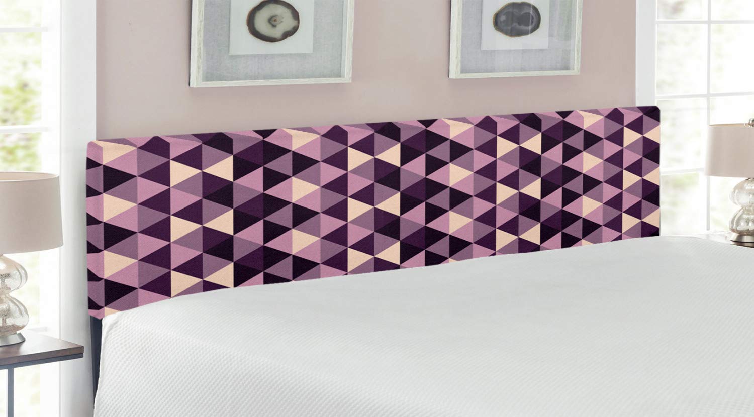 Ambesonne Geometric King Size Headboard - Abstract Triangle Design in Dark Purple Lilac, Upholstered Metal Bed Frame with Memory Foam - Perfect for Modern Bedroom Decor & Guest Room Upgrade