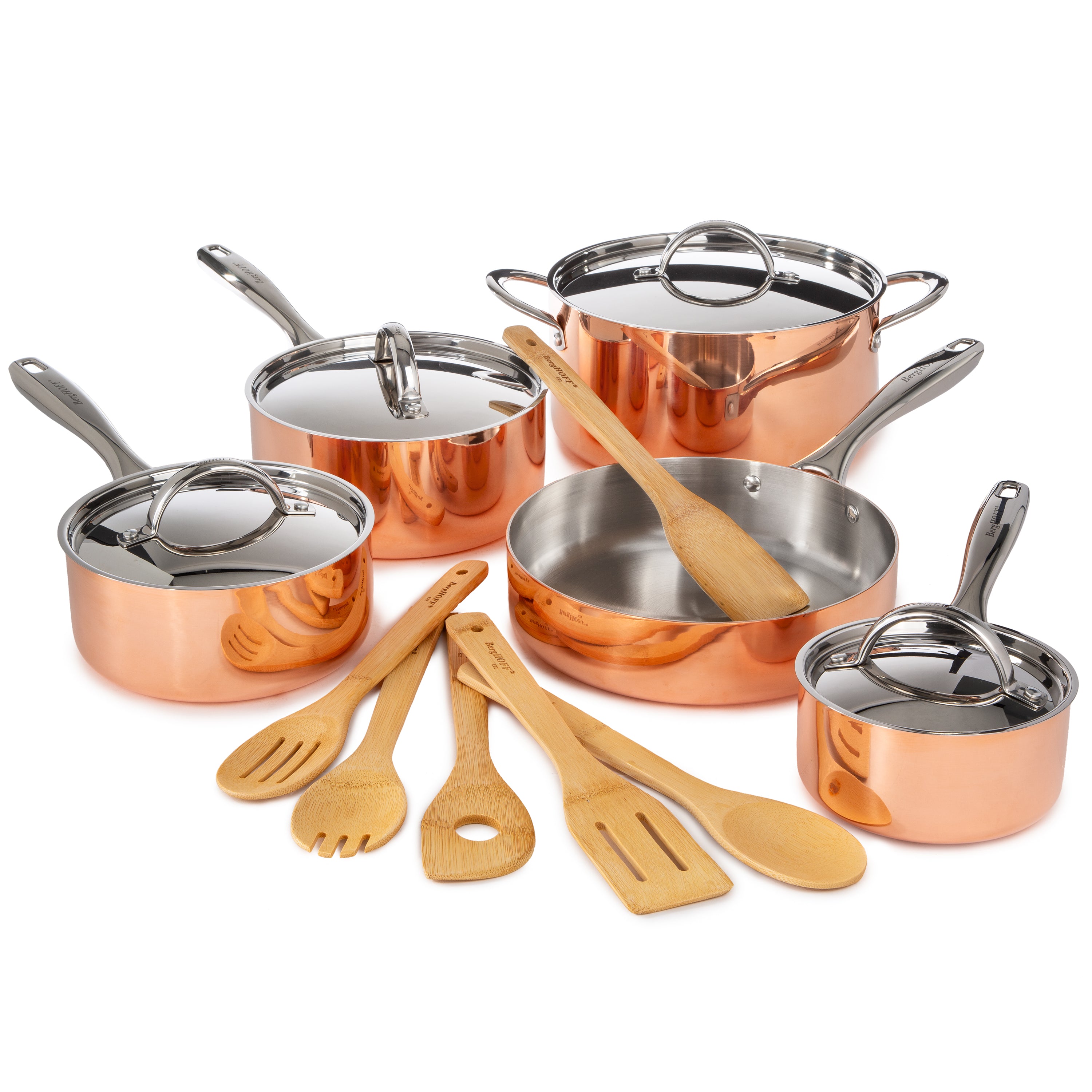 BergHOFF Vintage 15-Piece Tri-Ply Copper Cookware Set with Lids - Polished Stainless Steel Pots and Pans for Professional Cooking & Home Kitchen Use
