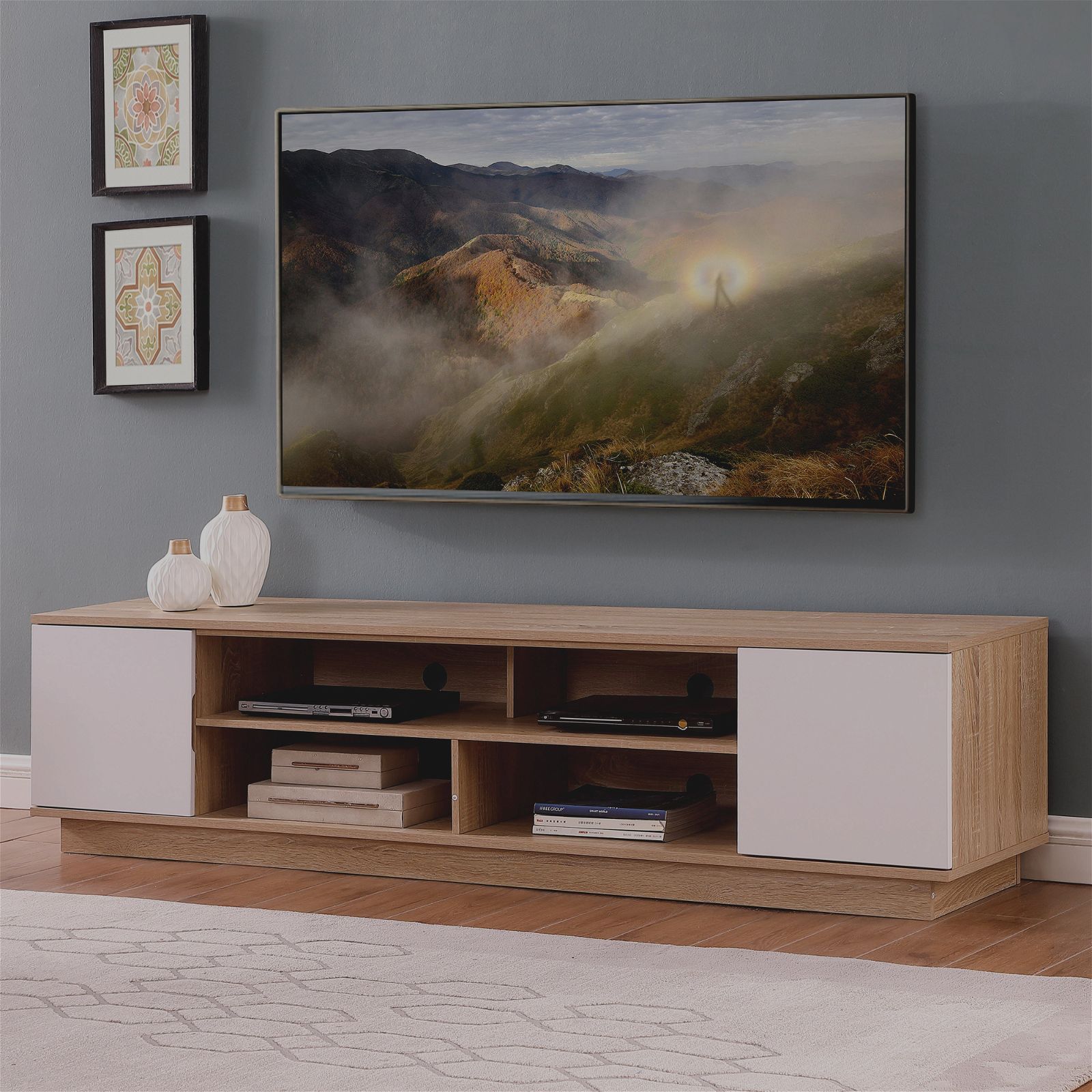 DELUX 200cm Oak & White TV Stand Entertainment Unit with Storage - Modern Media Console for Living Room, Home Theater & Gaming Setup