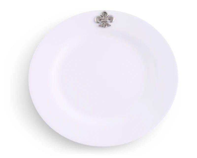10-Pack White Melamine Dinner Plates with Pewter Fleur de Lis Design - Elegant & Durable Tableware for Outdoor Dining, Picnics, and Everyday Use