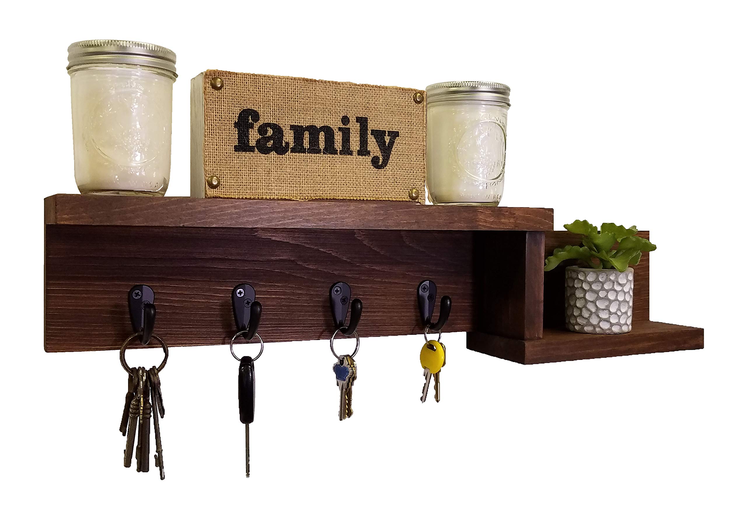 Allen Street Floating Shelf with Key Hooks & Plant Holder - Rustic Wall Organizer for Entryway, Kitchen, Bathroom - Customizable with 5 Hooks & 20 Colors (Special Walnut Shown) - Perfect for Home Decor & Organization