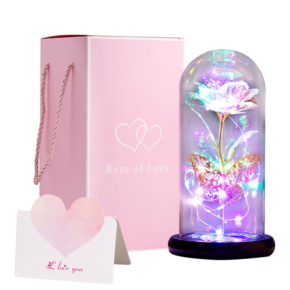 WODMAZ Mother's Day Rose Flower Gifts for Women - Colorful Artificial Galaxy Rose in Glass Dome with LED Light & Gold Butterfly, Unique Eternal Rose Gift for Mom from Daughter - Perfect for Birthday, Anniversary, Valentine's Day & Home Decor