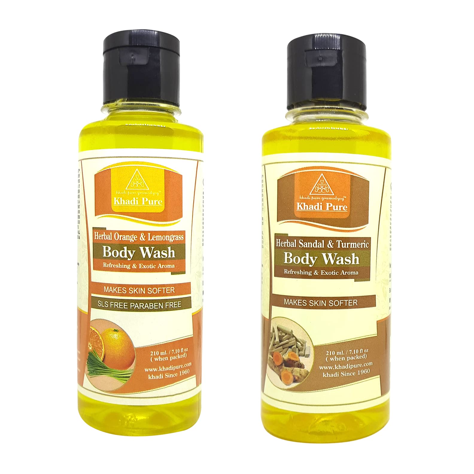 Khadi Pure Orange Lemon Grass SLS & Sandal Turmeric Body Wash - 210ml (Pack of 2) | Natural Ayurvedic Herbal Shower Gel for Dry & Sensitive Skin | Perfect for Daily Use, Spa Days & Relaxing Bath Time