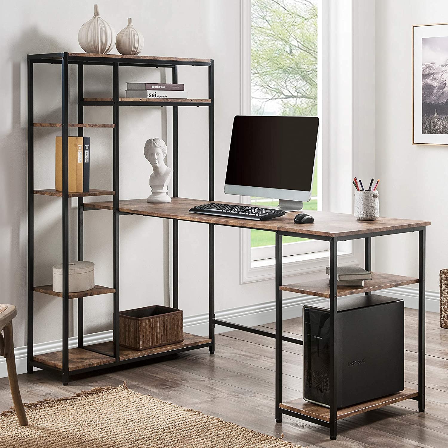 Teeker Modern Large Home Office Computer Desk with Bookshelf & Storage Shelves - Black Tiger Design for Workspace Organization | Perfect for Small Spaces, Remote Work & Study
