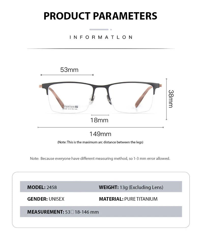 Titanium Square Semi-Rimless Eyeglasses for Men - Lightweight & Durable Frame - Perfect for Reading, Work, and Everyday Use