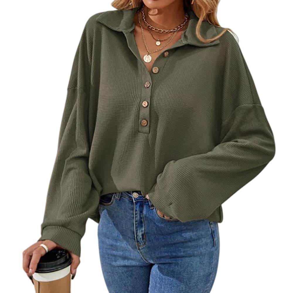 Janepam Women's Waffle Knit Pullover Sweater - Half Button Batwing Sleeve, Turndown Collar Loose Jumper | Casual Wear, Office Outfit, Fall & Winter Fashion