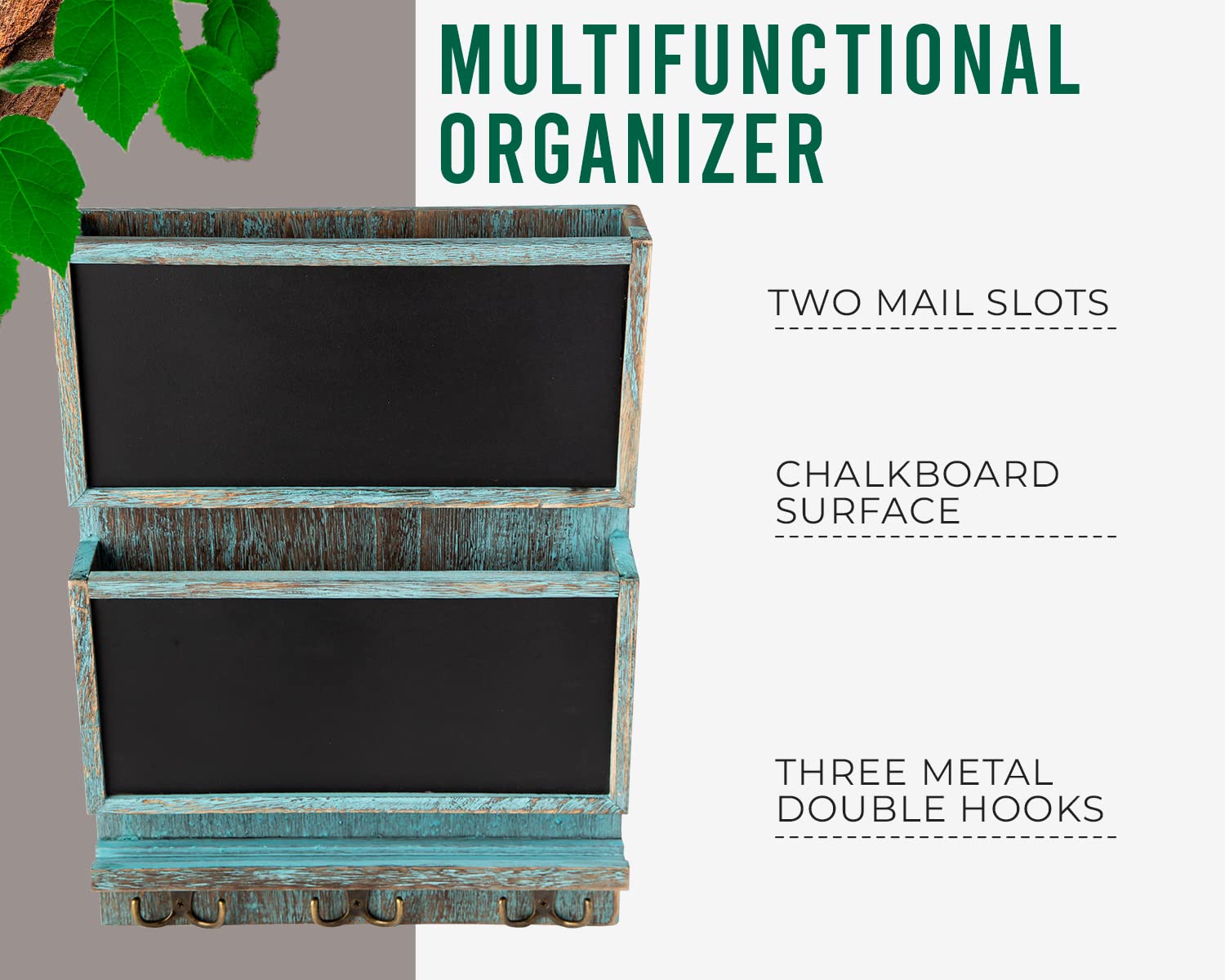 Rustic 2-Slot Wall Mount Mail Sorter Organizer with Chalkboard Surface & 6 Key Hooks - Wooden Entryway Decor Made of Paulownia Wood in Distressed Blue | Perfect for Home Office, Entryway, and Mudroom Organization