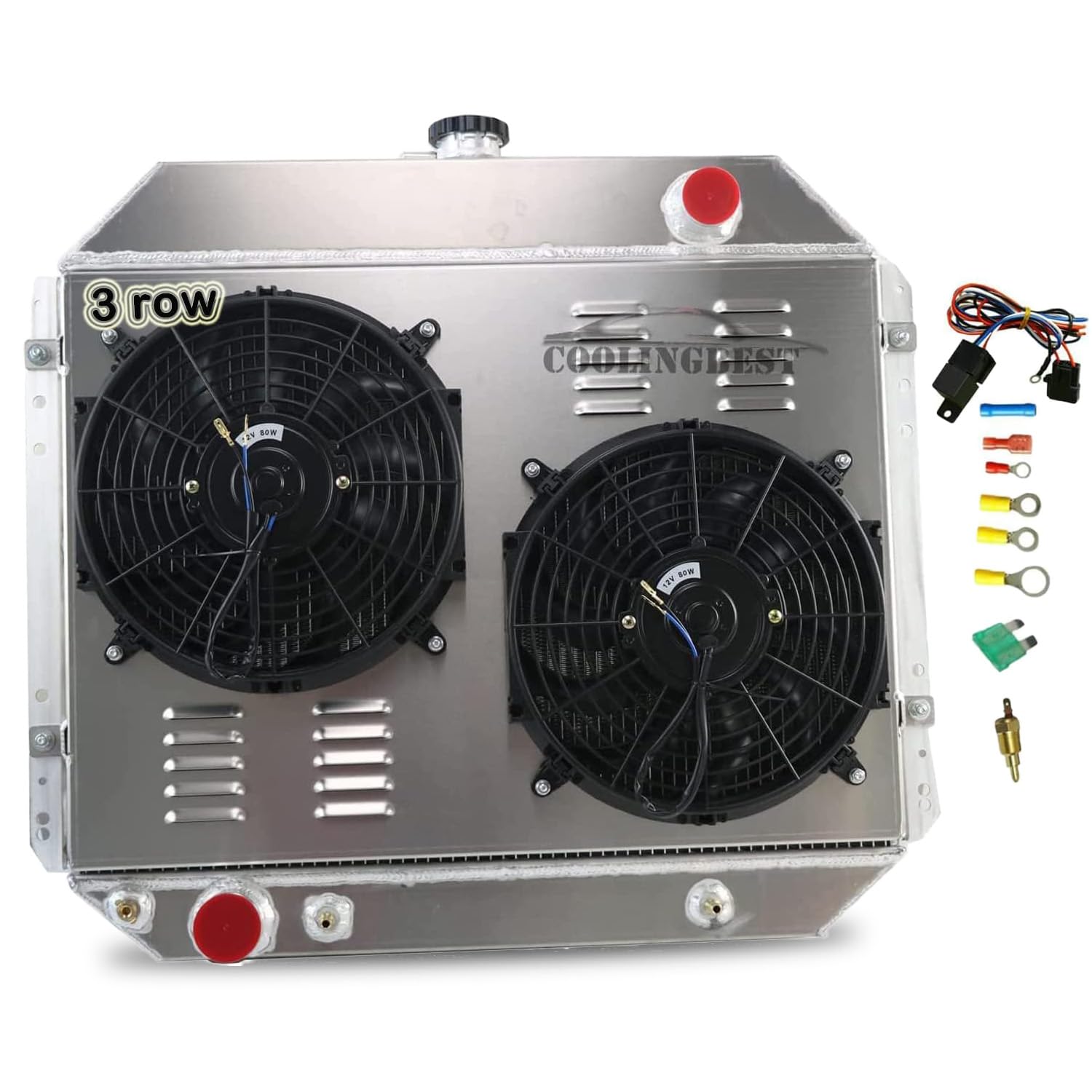 3 Row Aluminum Radiator for 1966-1979 Ford F100 F150 F250 F350 Bronco Truck 2.8-7.5L V8 - High Performance Cooling System with Electric Fan Shroud & Thermostat Kit - Perfect for Off-Roading, Towing & Hot Weather Driving