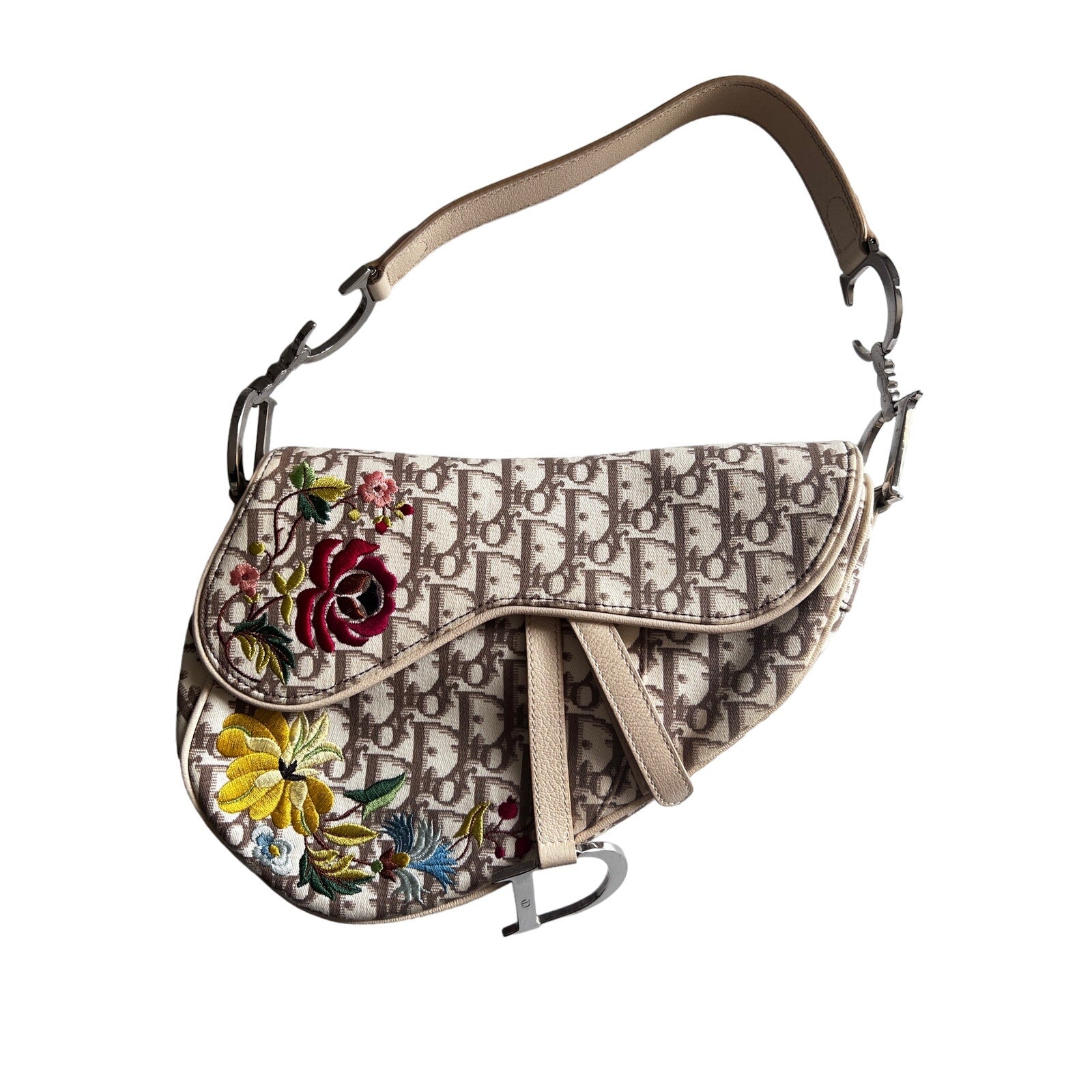 Vintage Dior Canvas Diorissimo Embroidery Saddle Bag - Luxury Crossbody Purse for Women, Fashionable Everyday Handbag for Work, Travel & Special Occasions