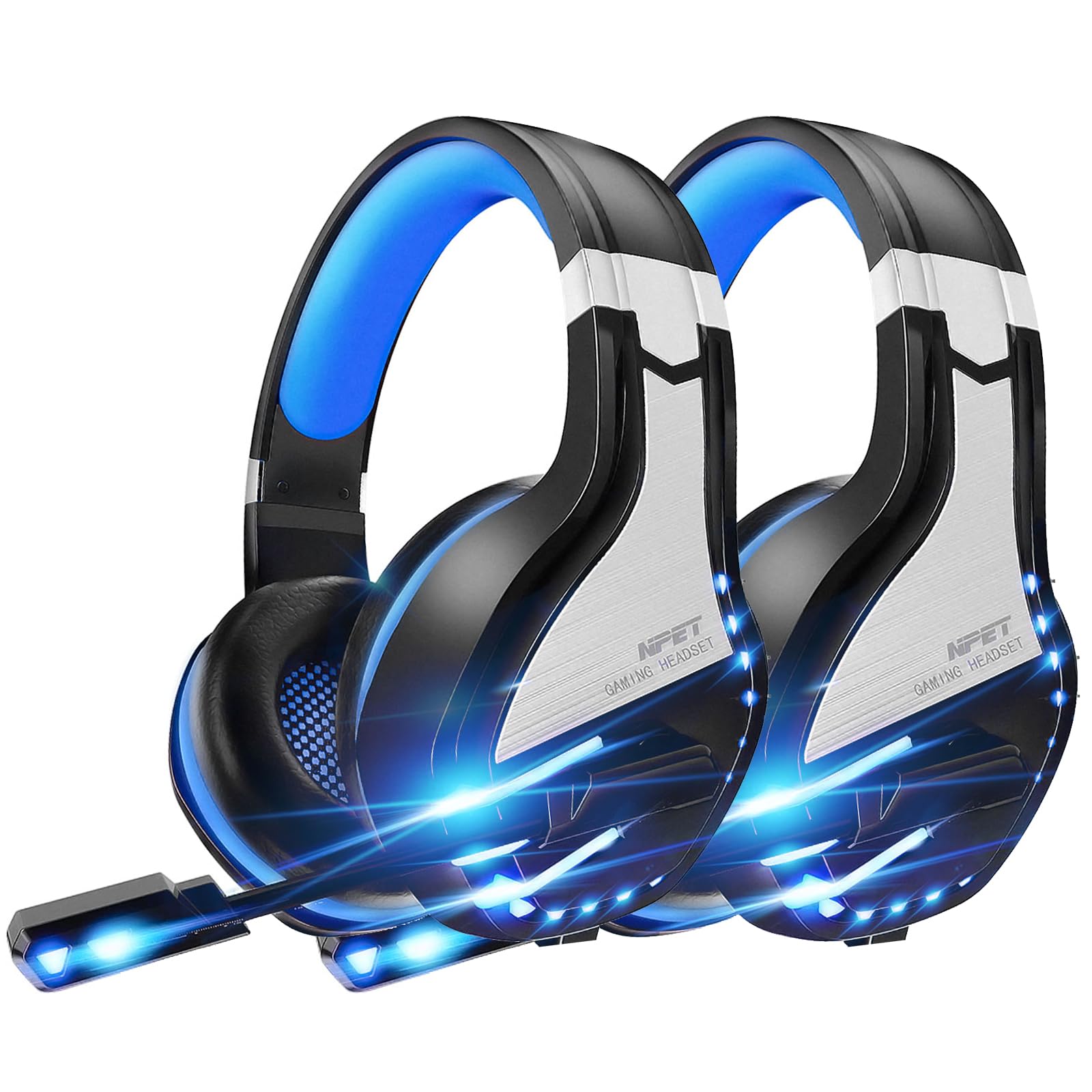 NPET HS10 Stereo Gaming Headset - 2 Pack Noise Cancelling Over-Ear Headphones with Mic for PS5, PS4, Xbox One & PC | LED Lights, Bass Surround, Soft Memory Earmuffs (Blue) - Perfect for Gaming, Streaming & Online Classes