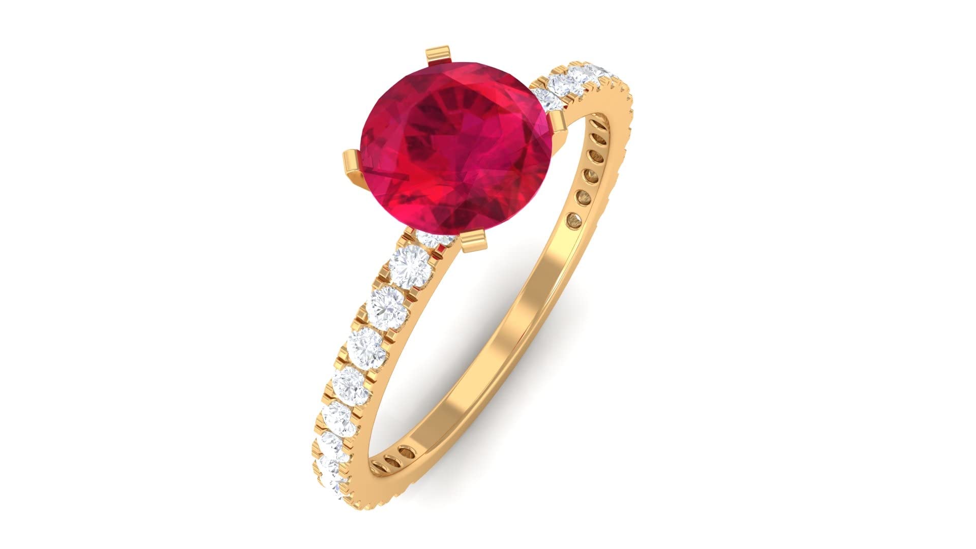 1.75 CT Created Ruby & Moissanite Ring in 14K Solid Gold, 6MM Round Cut Solitaire with Side Stones – Perfect for Engagement, Wedding, Anniversary & Special Occasions