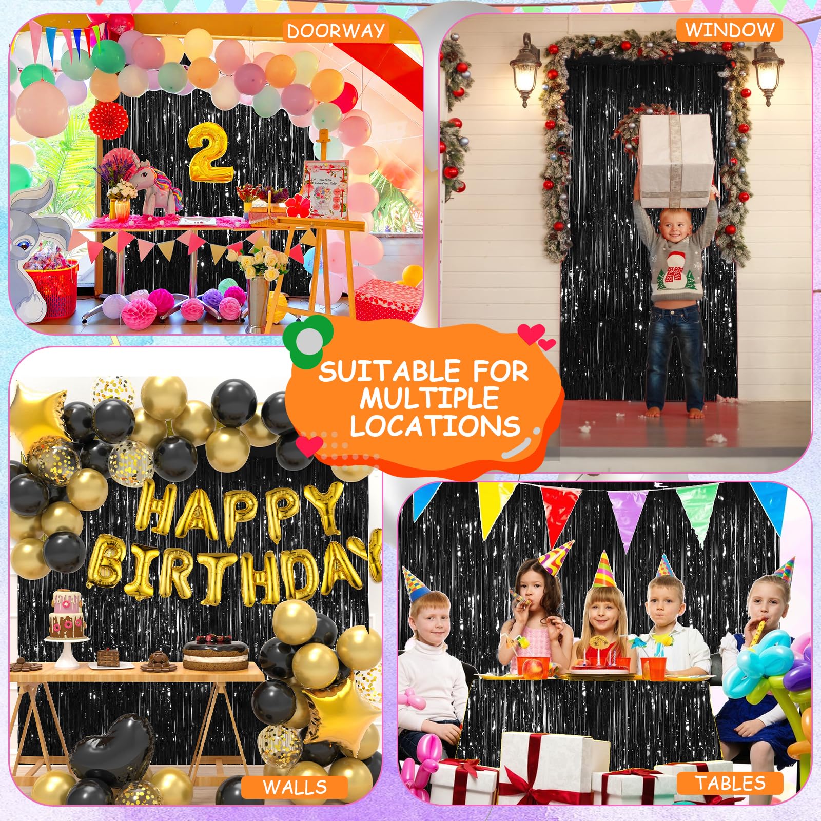 2 Pack Black Metallic Tinsel Foil Fringe Curtains - 3.3x8.3 Feet Party Streamers for Birthday, Christmas, New Year Decorations - Perfect for Doorways, Photo Backdrops & Event Decor