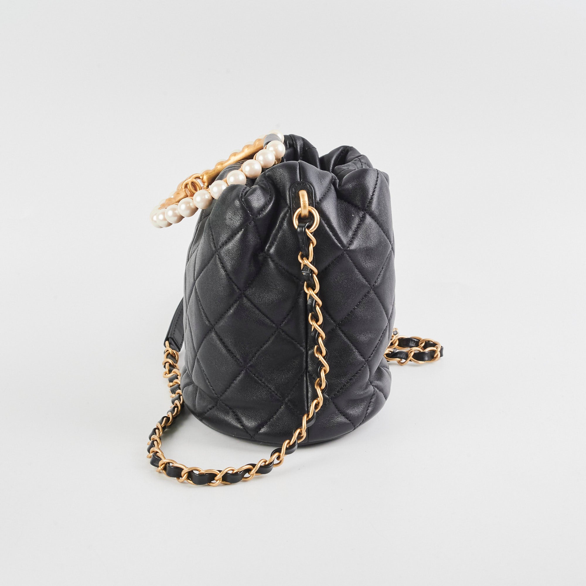 Chanel Black Lambskin Pearl Top Handle Bucket Bag - Luxury Designer Handbag for Women, Perfect for Evening Parties & Special Occasions