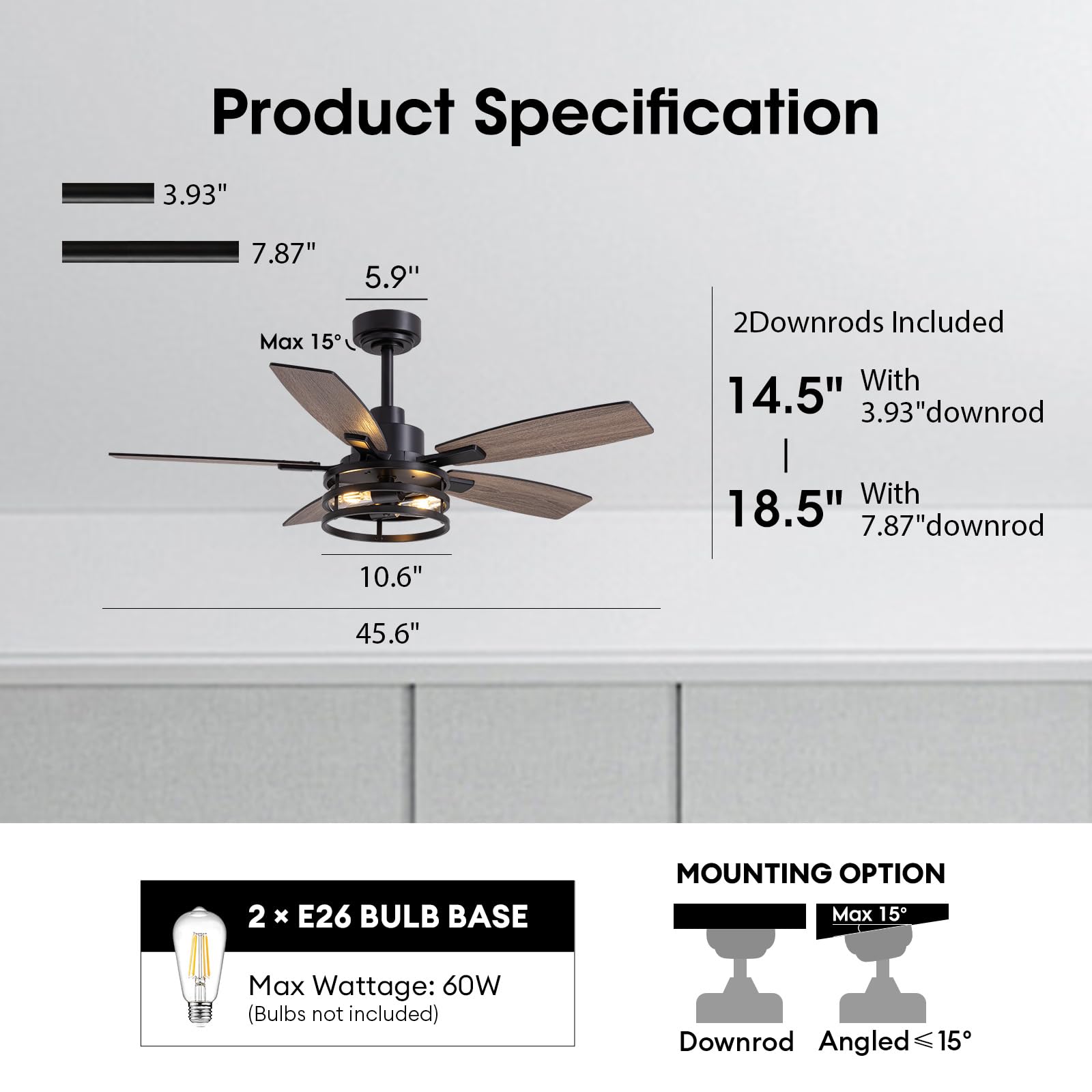 Modern Ceiling Fan with LED Light and Remote Control - Quiet Reversible 3-Speed DC Motor - Perfect for Bedroom, Living Room, and Office (Black, 52 Inch) - Energy Efficient Cooling and Stylish Home Decor