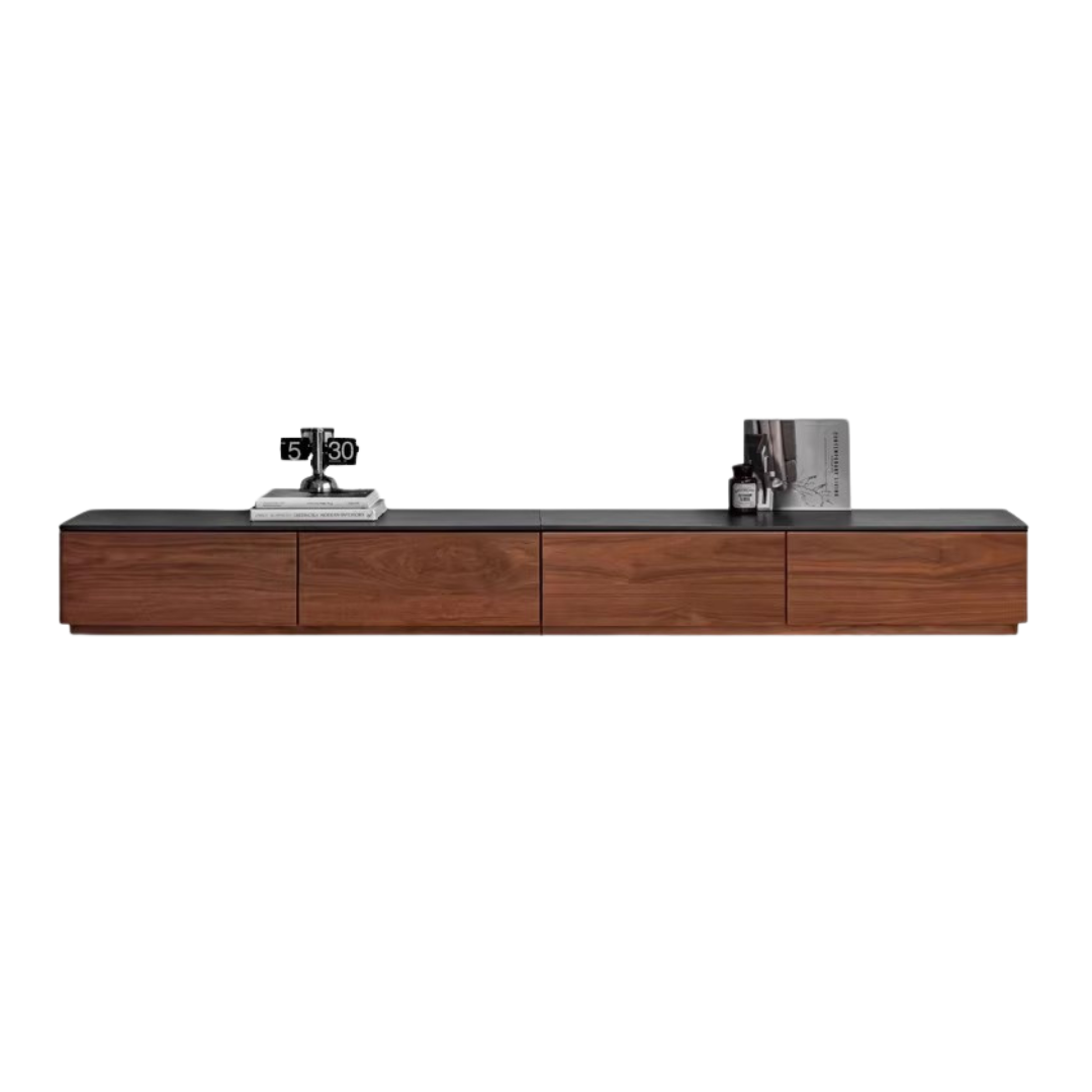 Black Walnut Solid Wood TV Stand with Rock Slab - Rustic Modern Entertainment Center for Living Room, Bedroom & Home Theater