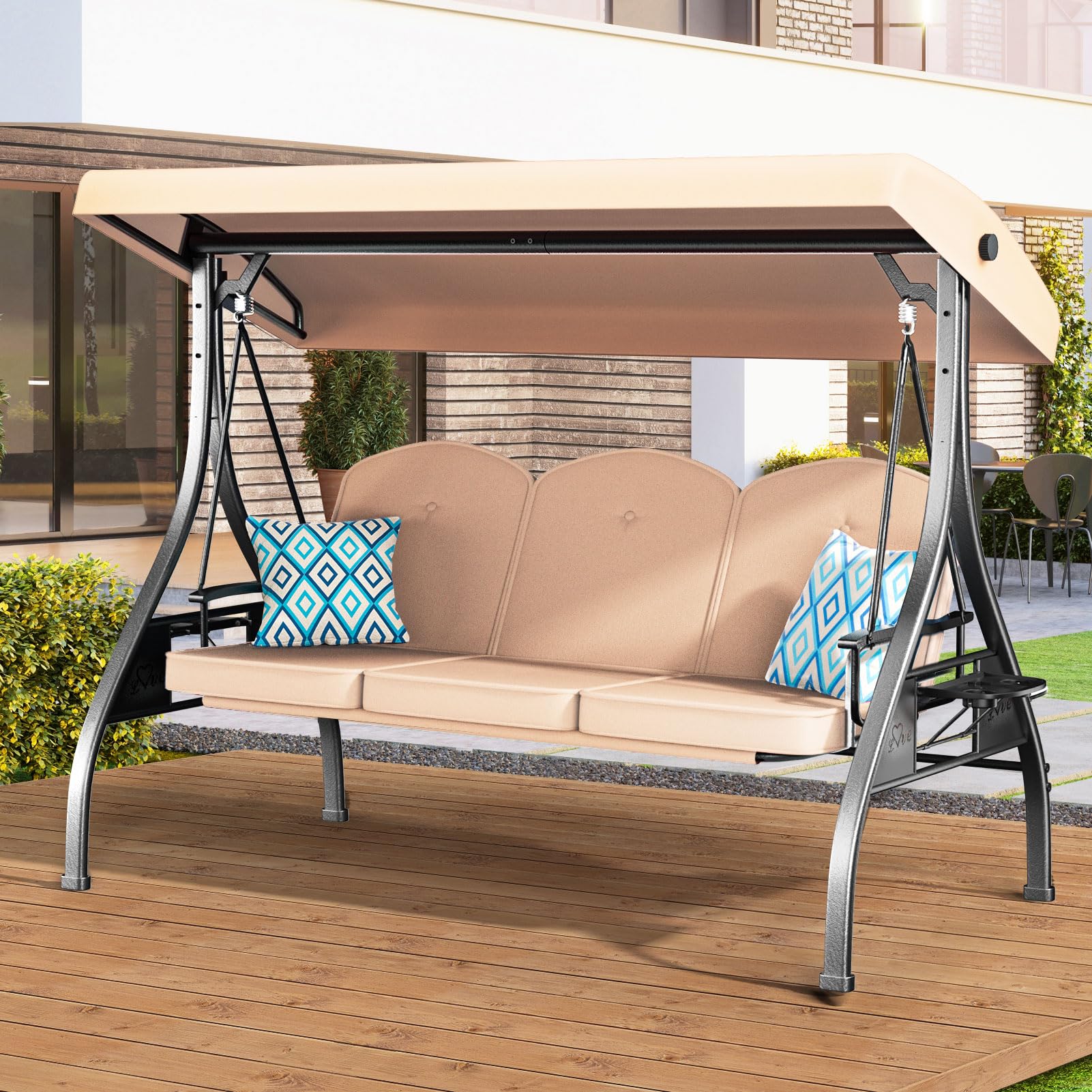 3-Seat Outdoor Porch Swing with Stand - 800lb Capacity, Adjustable Canopy & Removable Cushions - 2-in-1 Patio Glider Chair for Yard, Garden, Deck - Durable Square Tube Frame (Khaki) - Perfect for Relaxing, Lounging & Outdoor Entertaining