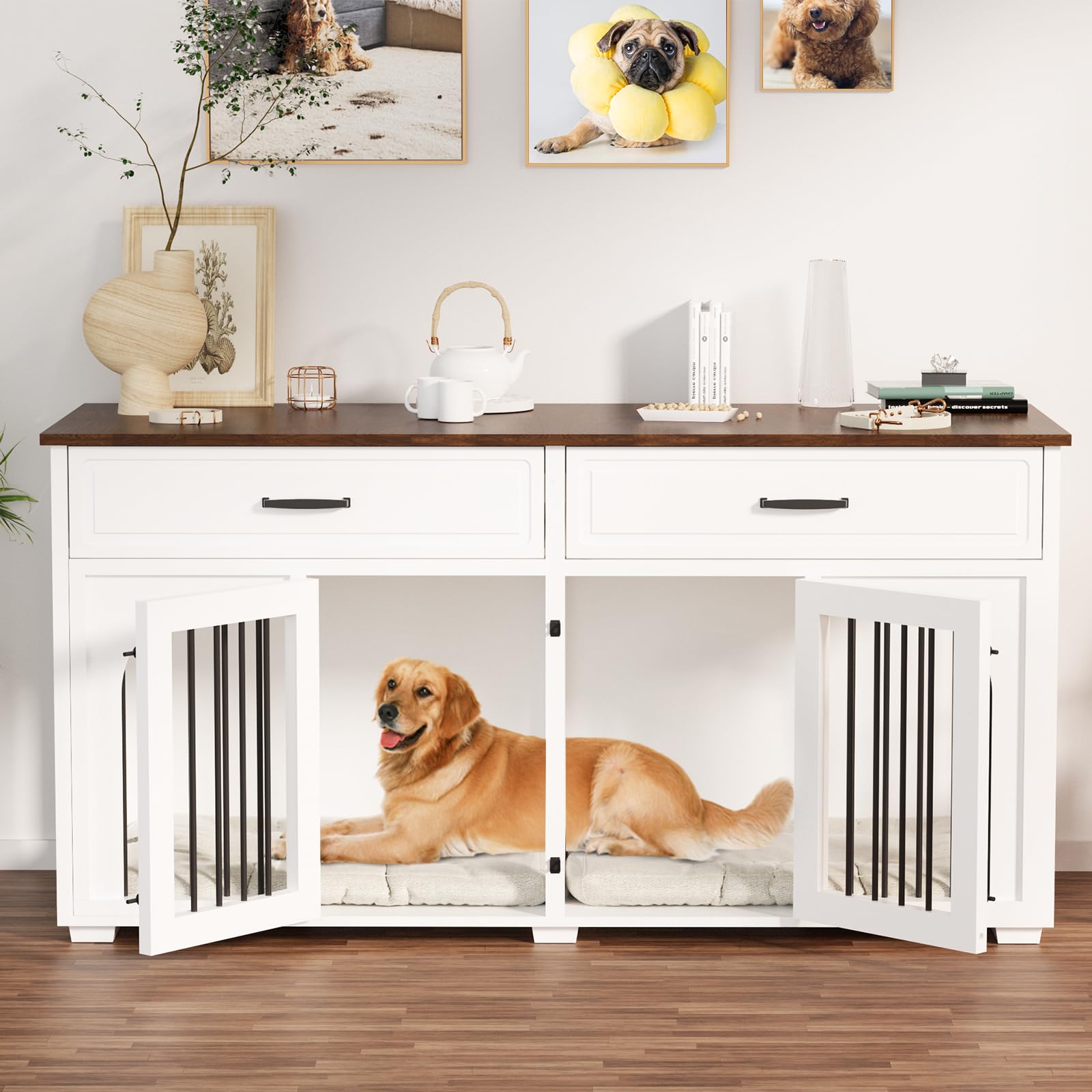 **EBE 63'' Wooden Dog Crate Furniture with 2 Drawers & Removable Divider - Heavy Duty Indoor Dog Kennel, Double Room Pet Crate Table for Small & Medium Dogs - Perfect for Living Room, Bedroom & Home Office**