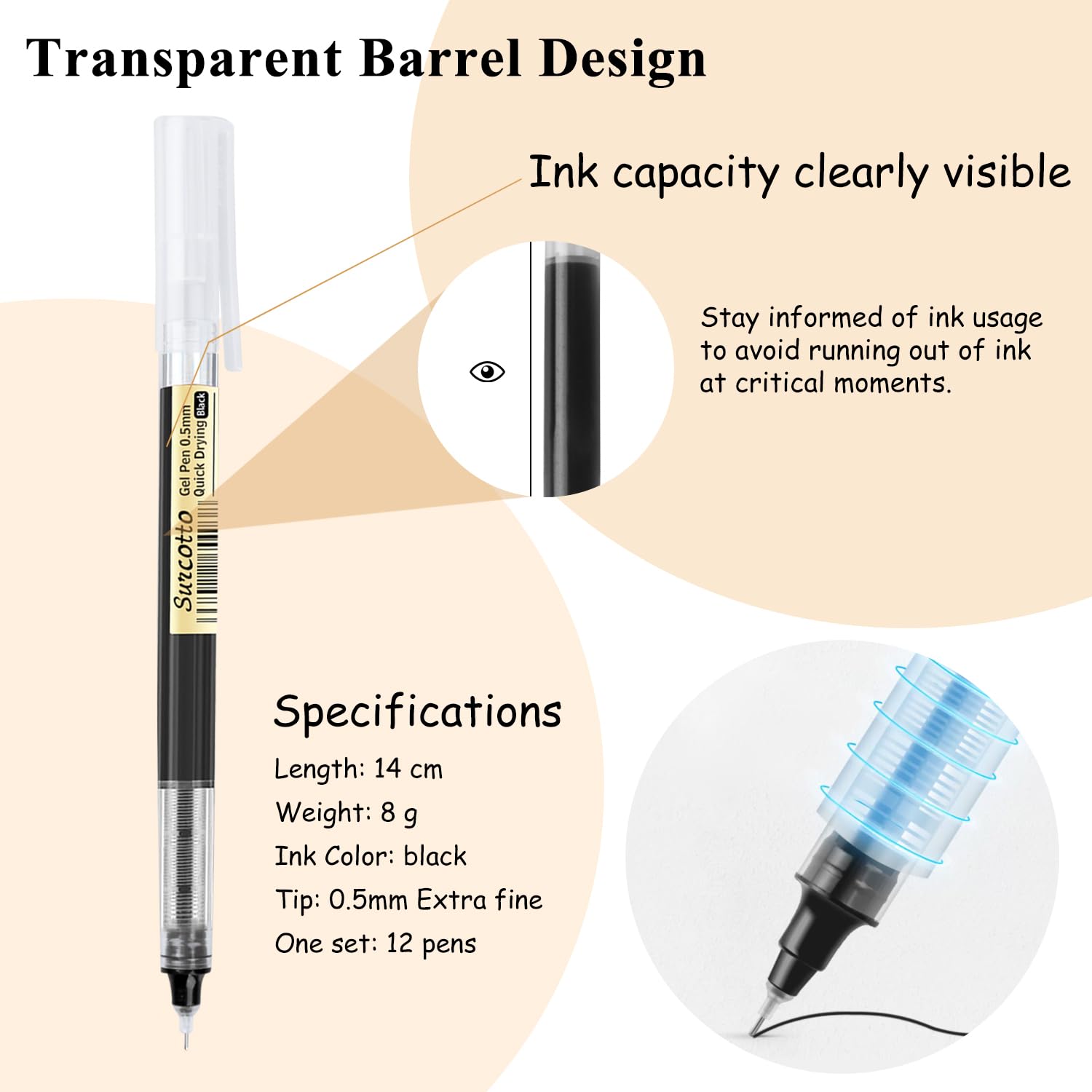 Surcotto 12-Pack 0.5mm Black Gel Pens - Ultra Fast Drying Smooth Writing Pens for School, Office & Art - Perfect for Note Taking, Journaling, Sketching & Document Signing