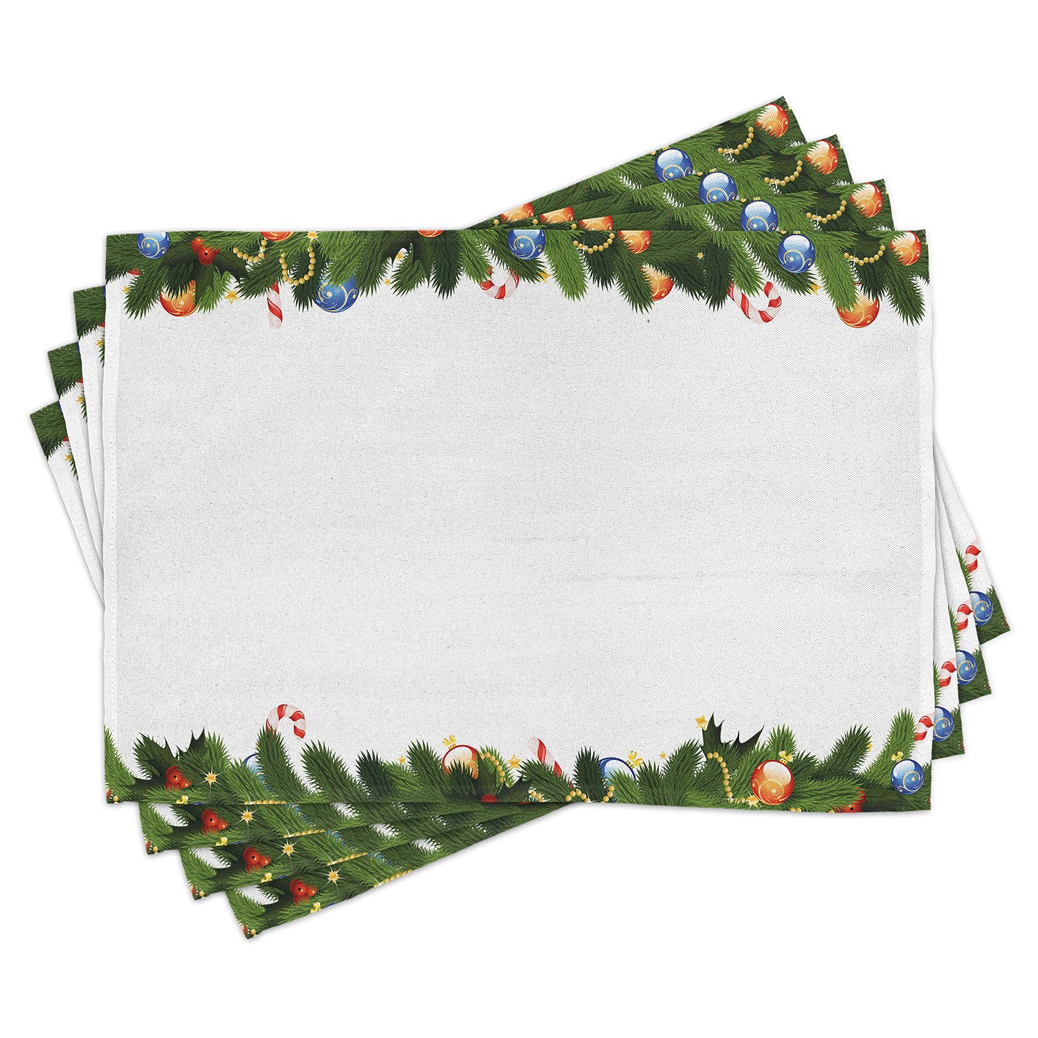 Ambesonne Christmas Placemats Set of 4 - Holiday Fir Tree Branches with Candy Canes & Baubles Design, Washable Fabric Table Mats for Dining Room & Kitchen Decor, Multicolor | Perfect for Winter Celebrations & Festive Dinner Parties