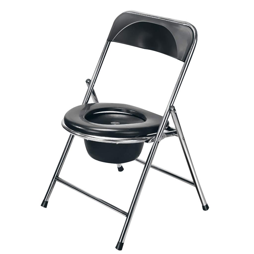 Portable Folding Commode Chair - Steel Frame Bedside Toilet with Bucket & Lid, Non-Slip Leg Pads for Elderly & Disabled - Space Saving Shower/Toilet Chair for Home Care & Hospital Use