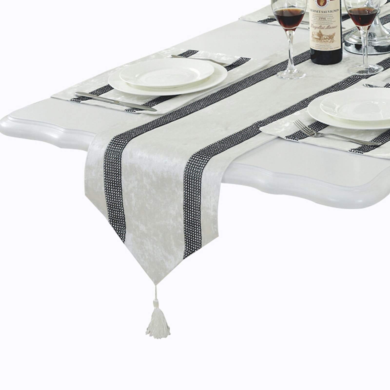 Daesar 13x84 Inch Christmas Velvet Table Runner with Zirconia Stripes - Elegant White Modern Table Decor for Dining, Bedside, and Holiday Parties
