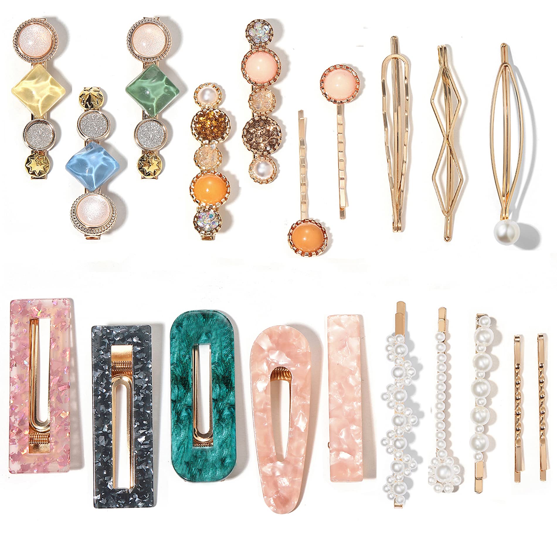 20 PCS Handmade Pearl & Acrylic Resin Hair Clips - Elegant Gold Hair Barrettes, Marble Alligator Bobby Pins, Glitter Crystal Geometric Hairpins for Women & Girls | Wedding, Party & Daily Hair Accessories Gift Set