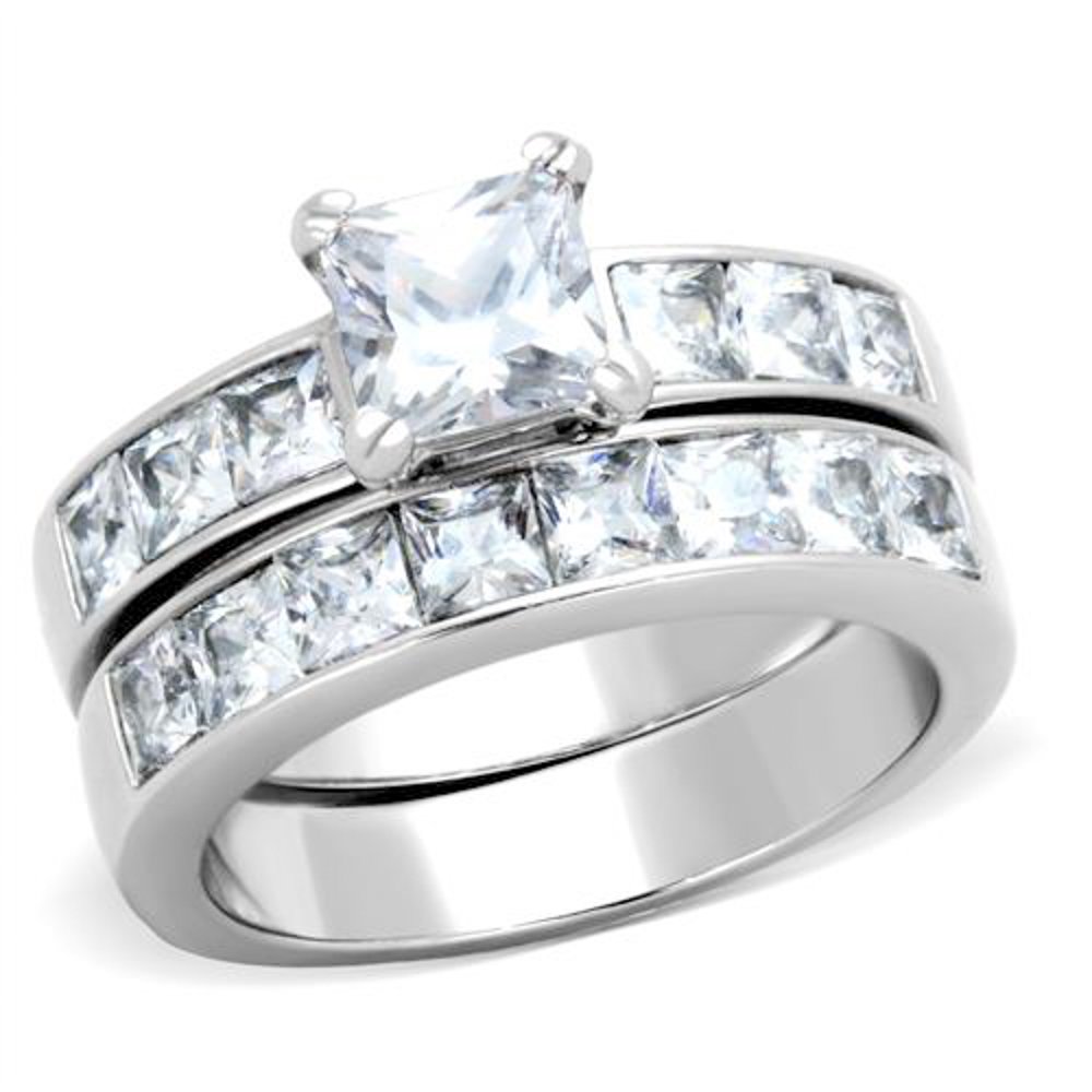 Marimor His & Her Wedding Ring Set - 3 Piece Stainless Steel Princess Cut Wedding Bands for Couples | Perfect for Engagement, Anniversary & Romantic Gifts