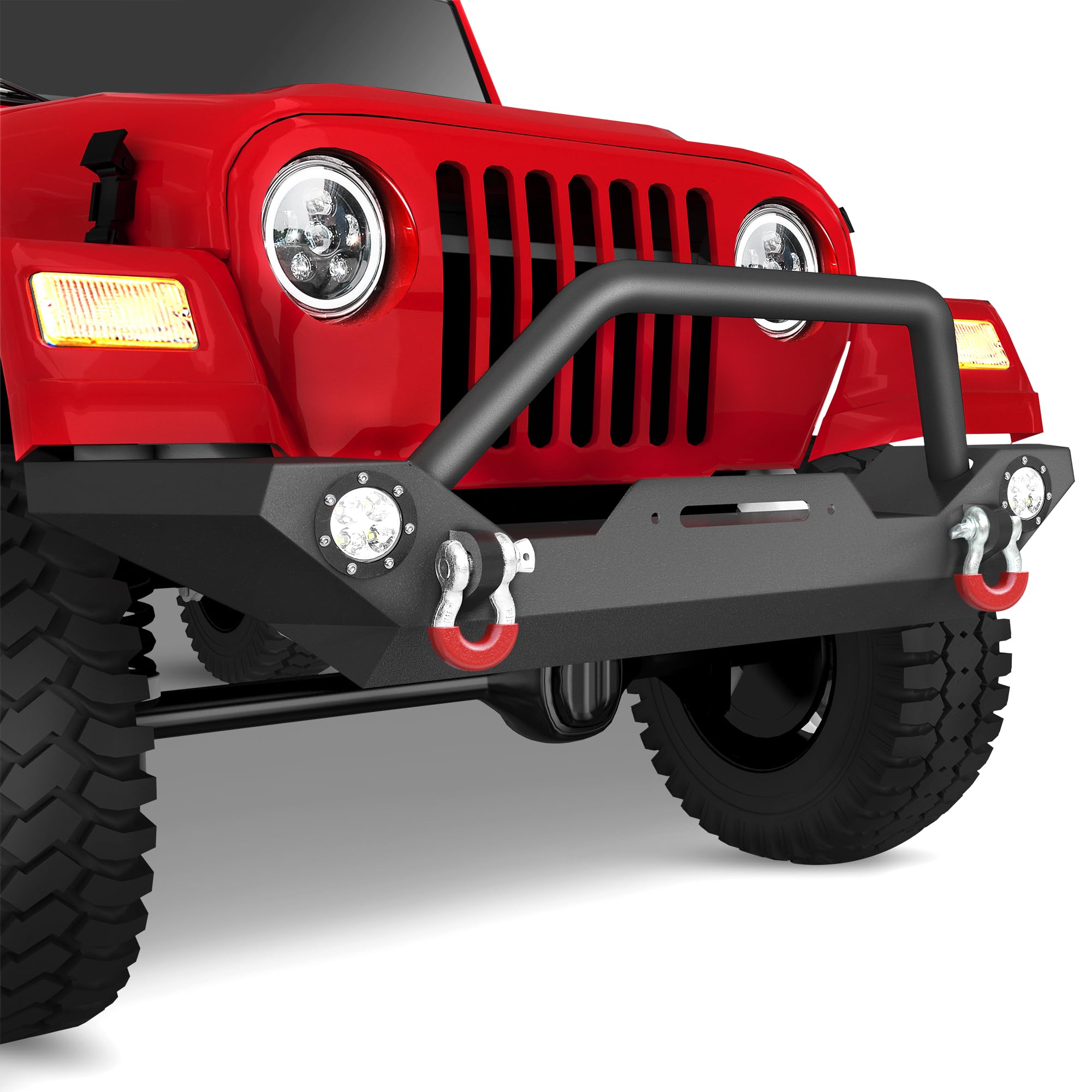 LEDKINGDOMUS Heavy Duty Rock Crawler Front Bumper with Winch Plate & LED Lights for 87-06 Jeep Wrangler YJ TJ - Textured Black | Off-Road Adventure & Trail Riding Accessory