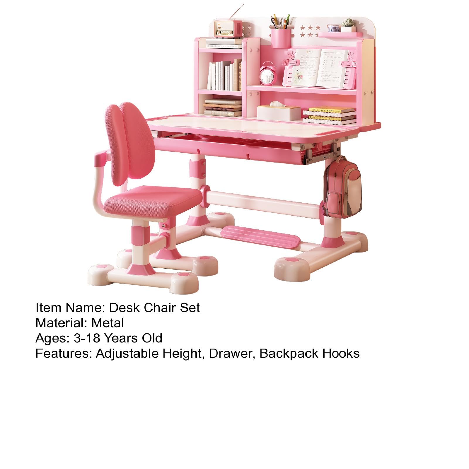 Adjustable Kids Study Desk and Chair Set with Tiltable Desktop, Book Stand & Footrest - Ergonomic Children's Writing Table for Homework, Reading & Drawing (Pink) - Perfect for Bedrooms, Playrooms & Homeschooling