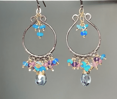 Oxidized Silver Hoop Chandelier Earrings with Aqua Opal & Pink Sapphire Accents - Mixed Metals Jewelry for Women | Perfect for Parties, Weddings & Evening Events