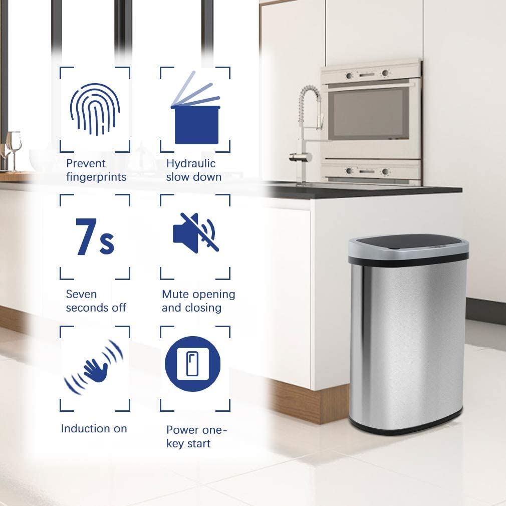 13 Gallon Automatic Touch-Free Stainless Steel Trash Can with Lid - 50L High Capacity Brushed Metal Garbage Bin for Kitchen, Bathroom, Bedroom & Home Office | Perfect for Hands-Free Waste Disposal & Modern Home Decor