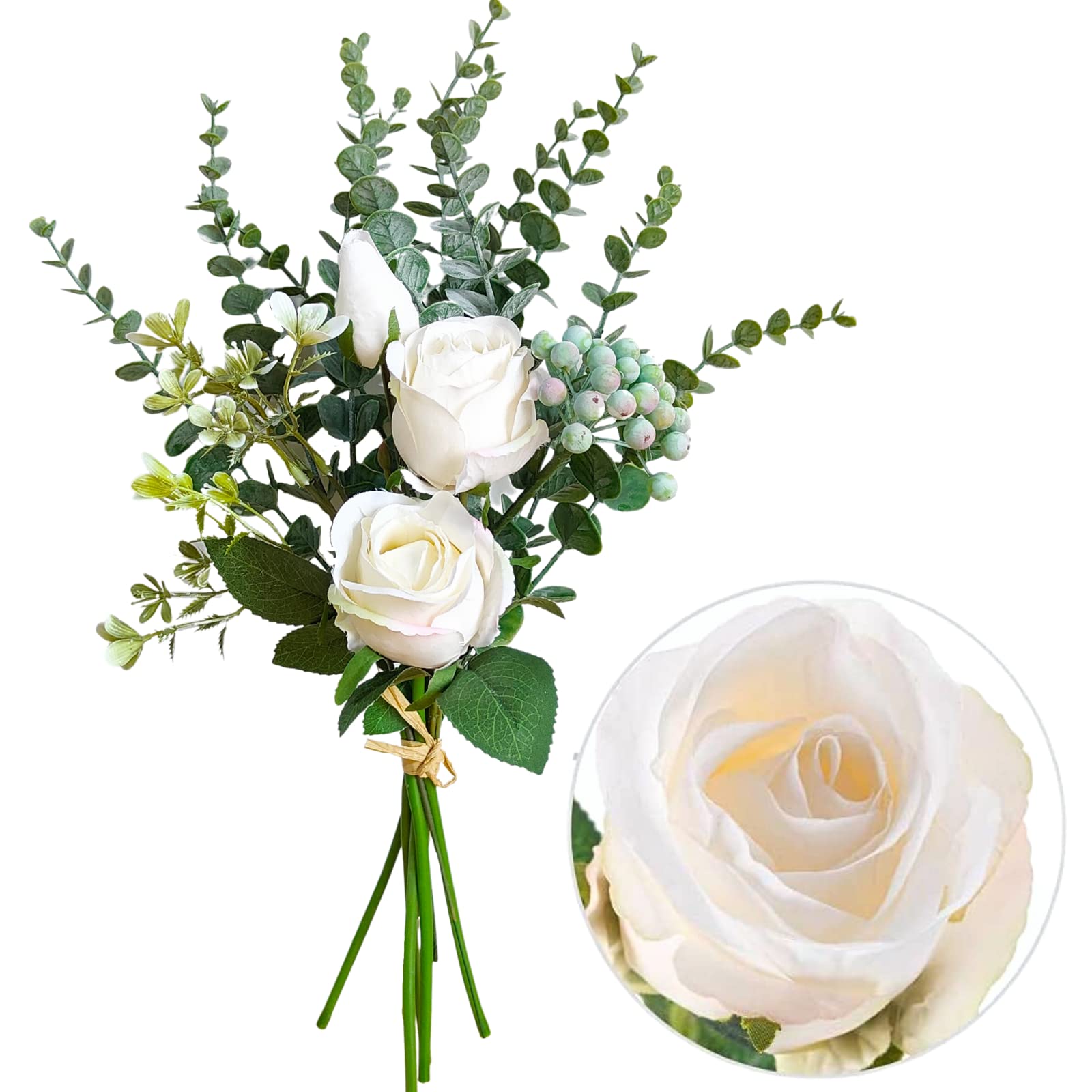 Artificial Silk Roses & Eucalyptus Bouquet - Berry Rose Faux Flower Arrangement for Home & Office Decor | Dining Table Centerpiece, Wedding Decorations, Party Greenery Decor