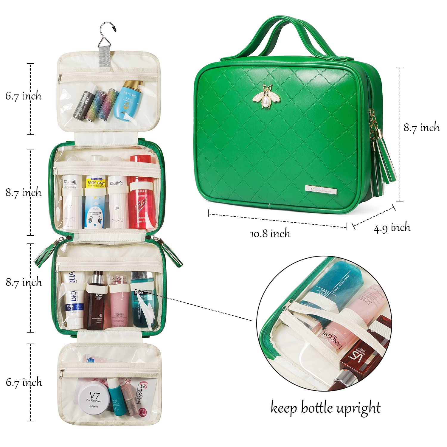 LACATTURA Leather Hanging Toiletry Bag for Women - Large 4-Layer Waterproof Travel Makeup Organizer - Portable Cosmetic Bag for Shampoo, Skincare & Personal Care - Perfect for Bathroom, Camping & Business Trips - Green