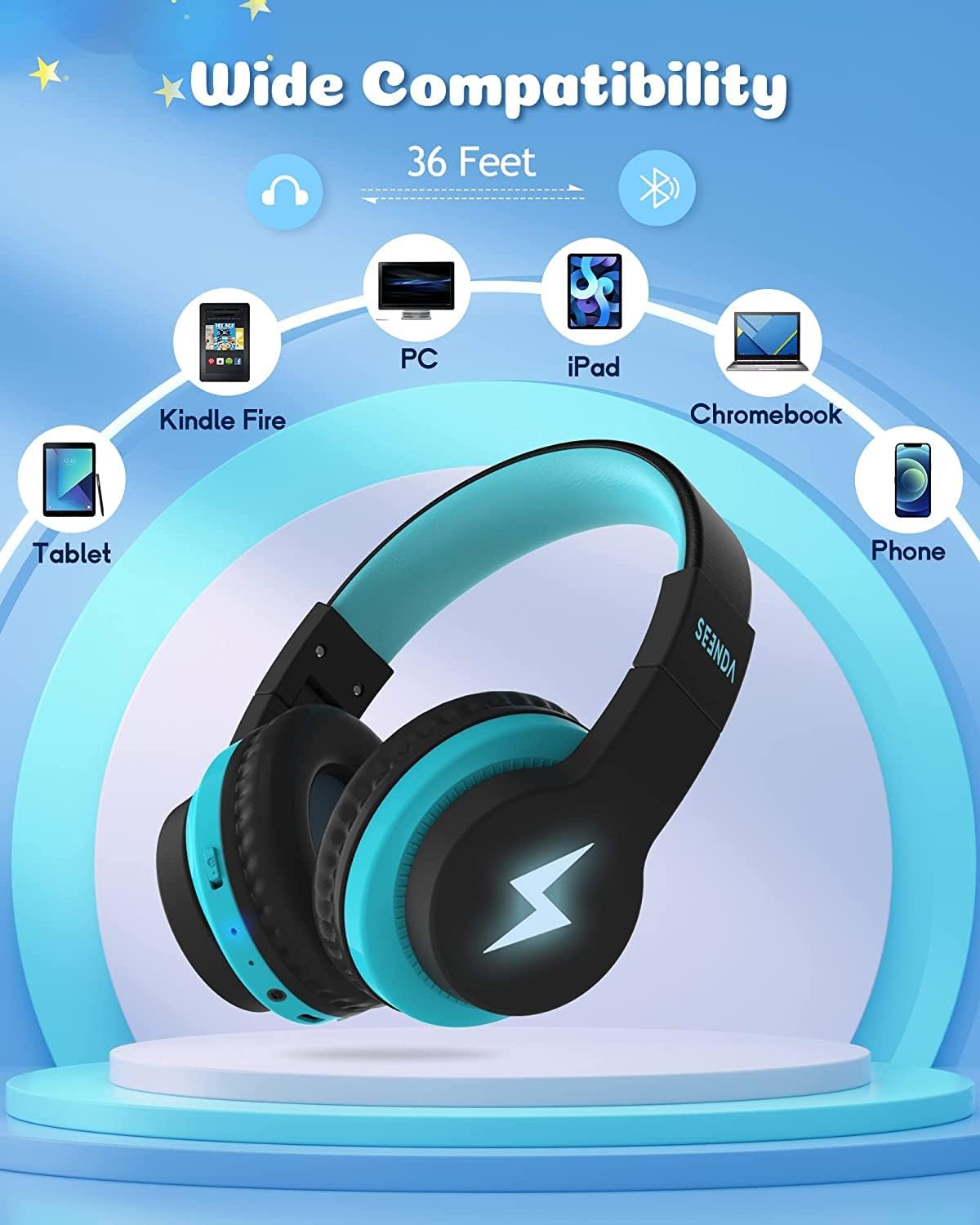 Seenda Kids Bluetooth Headphones with LED Lights - Foldable Over-Ear Wireless/Wired Headset (85dB/94dB Volume Limited) for School, Travel, Gaming & TV - Compatible with PC, Tablet, Airplane - Black & Blue | Perfect for Online Classes, Long Flights & Entertainment