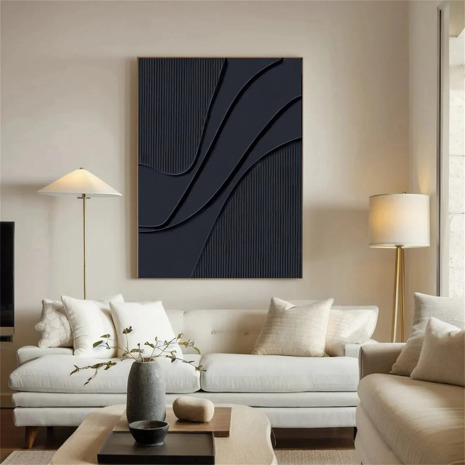 Black Minimalist Textured Painting Canvas - Modern Abstract Wall Art for Home & Office Decor | Premium Quality Stretched Canvas #MZ092