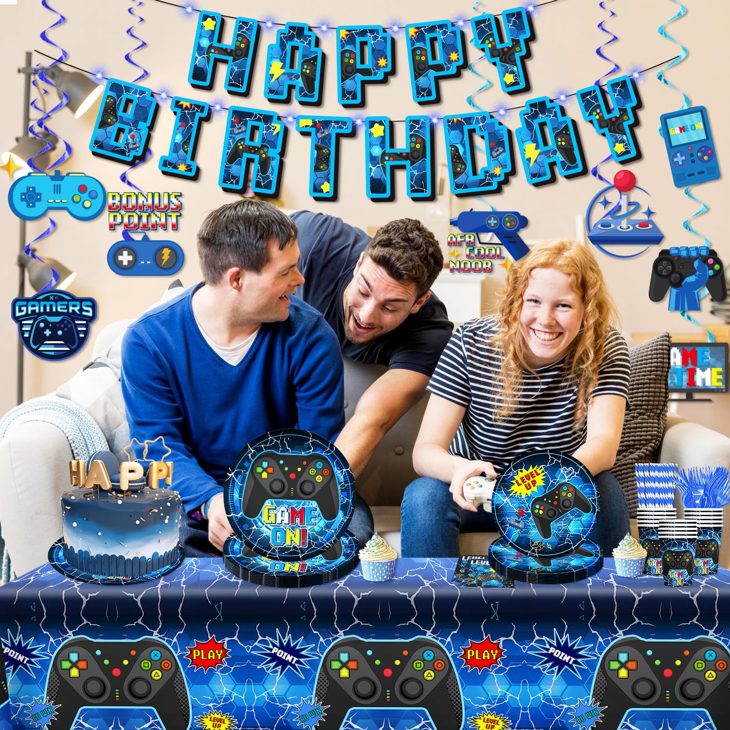 159-Piece Video Game Birthday Party Decorations Set - Includes Banner, Plates, Tablecloth & More - Gamer Themed Party Supplies for Boys - Serves 25 Guests - Blue - Perfect for Gaming Birthday Parties, Streamer Events & Esports Celebrations
