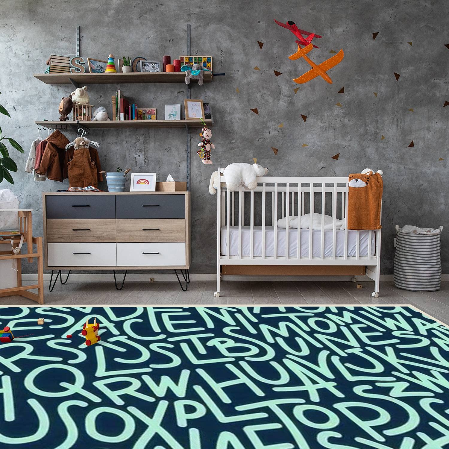 Modern Abstract Area Rugs - Stain Resistant Non-Slip Carpet for Living Room, Bedroom, Kitchen & Bathroom - Sailor Blue & Mint Alphabet Pattern Rectangular Home Decor Mat - Perfect for Cozy Spaces, Nursery Decor & High Traffic Areas