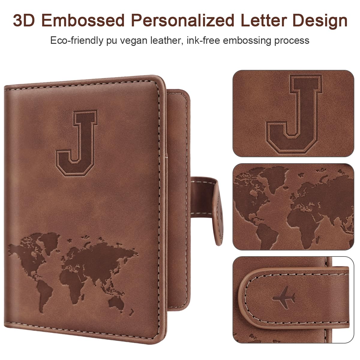 Personalized RFID Blocking Passport Holder Wallet Cover - Letter A-Z Monogram Travel Wallet Case for Women & Men (Brown) - Perfect for Air Travel, International Trips & Document Protection