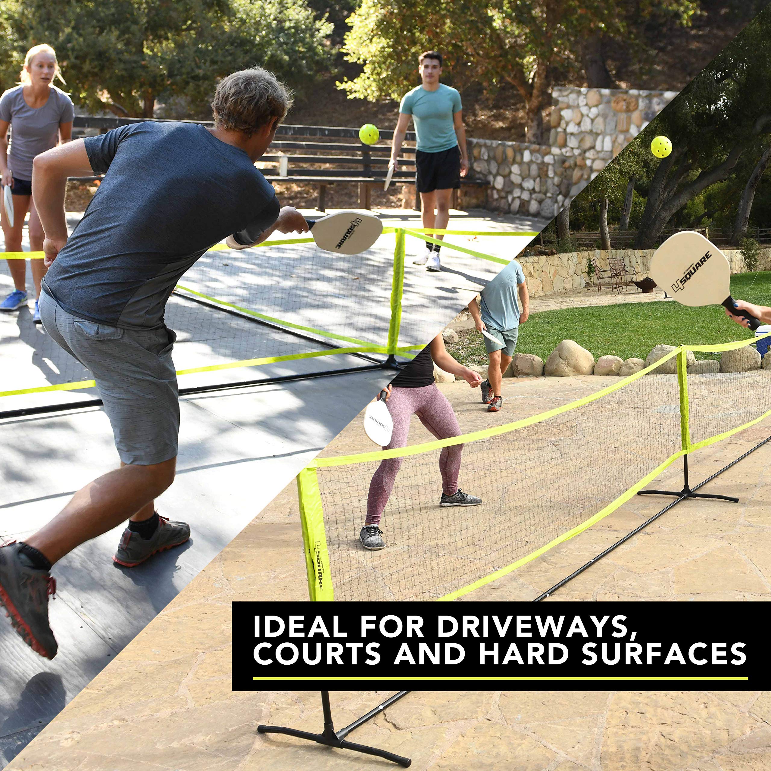 Triumph Sports 4 Square & Pickleball Game Set - Convertible Regulation Net with 4 Wood Paddles, 4 Balls, Boundary Markers & Carry Bag - Perfect for Backyard, Park & Beach Outdoor Games